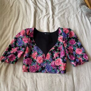 Zara Pink Floral Puff Sleeve Crop Top Blouse
